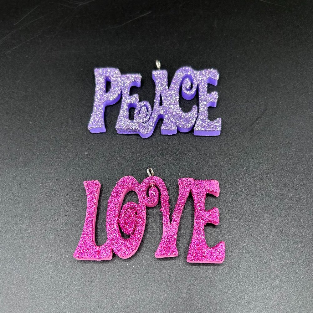 Peace & Love Christmas Tree Ornament Purple Pink Glitter Set of 2